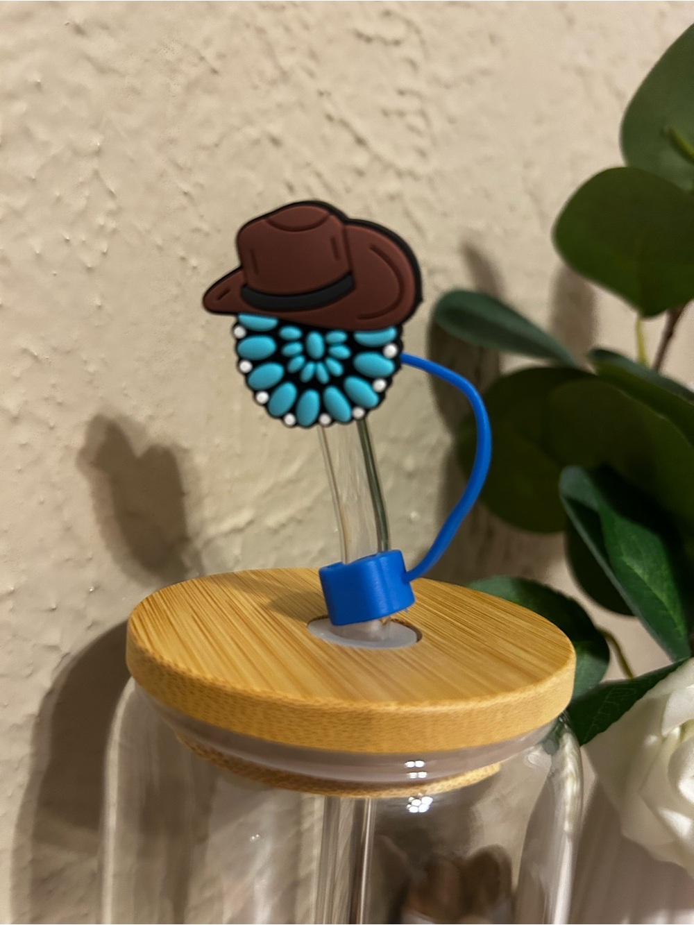 SHEIN Brown Cowboy Hat Straw Topper with Turquoise Floral Accent